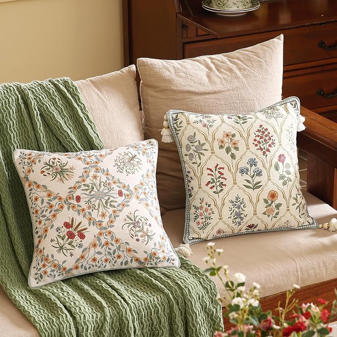 Vintage Linen Throw Pillow Cover,Set of 2,18"x18"-Serenity A | Designer Elegant Square Pillow Cover,Concealed Zipper Design,Floral Pattern,Sofa,Bedroom,Living Room,Lounge Chairs