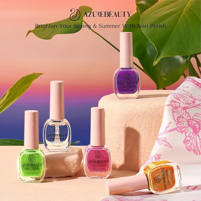 AZUREBEAUTY Nail Polish Set, 4 Colors Shimmer Glitter Neon Pink Orange Green Purple Spring Summer Long Lasting Quick Dry Natural Fingernail Lacquer Strengthening Kit with Top Coat DIY Salon