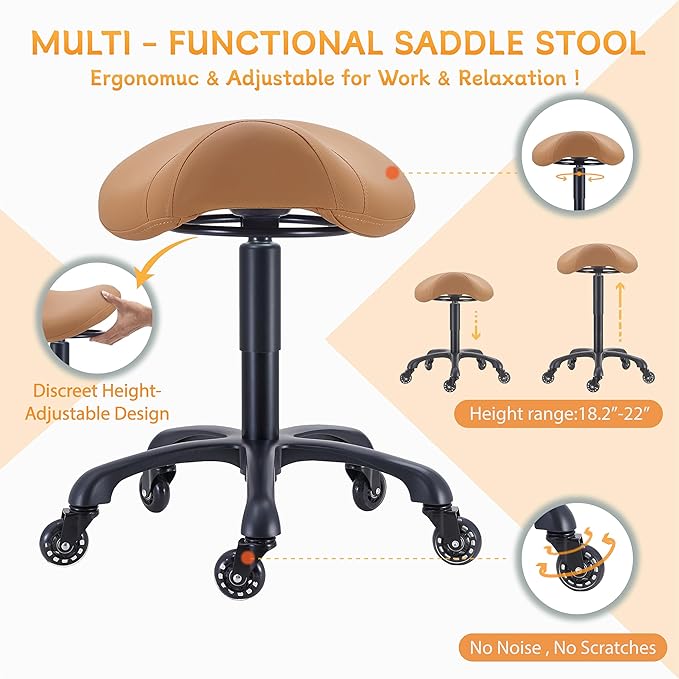 Saddle Salon Stool with Wheels,Heavy Duty Adjustable Rolling Stool for Barber, Tattoo, Nail,Spa,Dentist(Brown)