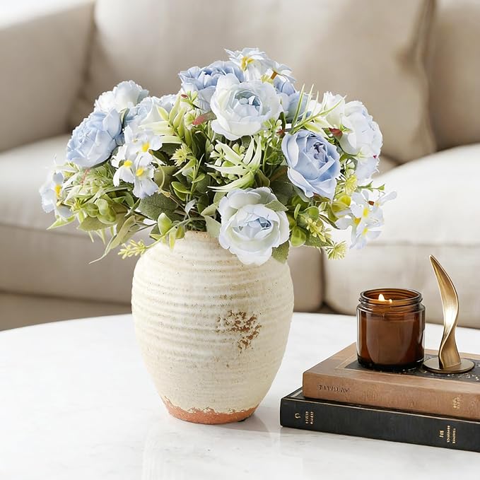 Ceramic Decorative Flower Vase 7.4 Inch Pottery Rustic Farmhouse Boho Terracotta Vase for Home Decor, Table, Living Room, Bathroom, Shelf, Mantel Decoration