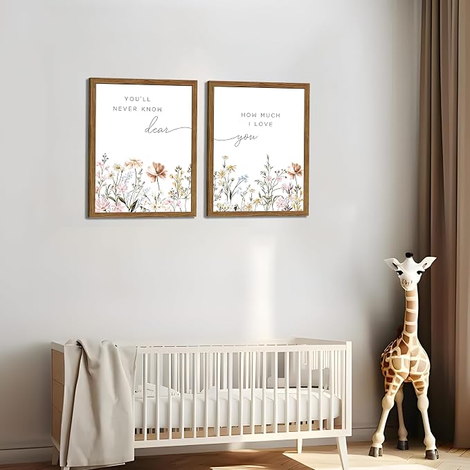 Wood Framed Wildflower Nursery Wall Art Set of 2, Boho Flower Botanical Wall Decor Paintings, Baby Girl Nurseries Pictures Posters Prints for Nursery Baby Room Bedroom Home Decoration 16x24 Inch