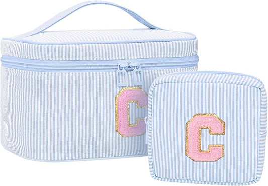 MONSTINA Personalized Initial Makeup Bag| Toiletry Bag for Girls&Women,Make Up Case for Girlfriend Bridesmaid Wife,Birthday Gift for Her Cute,2PCS,Blue C