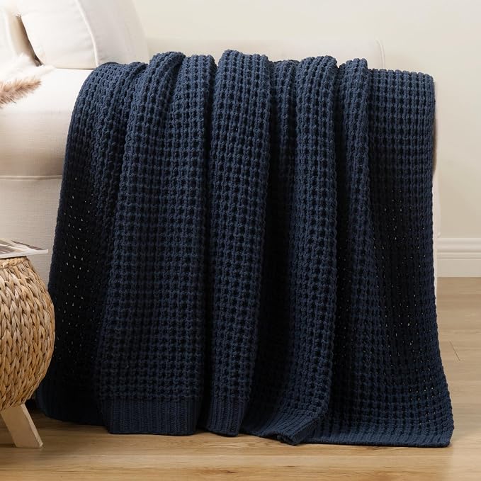 Navy Blue Throw Blanket for Couch, Chenille Knitted Blue Blanket 50''x60'' | Soft Cozy Chunky Knitted Blanket, Warm Thick Throw Blanket for Home Decor, Sofa, Men, Modern Farmhouse Style