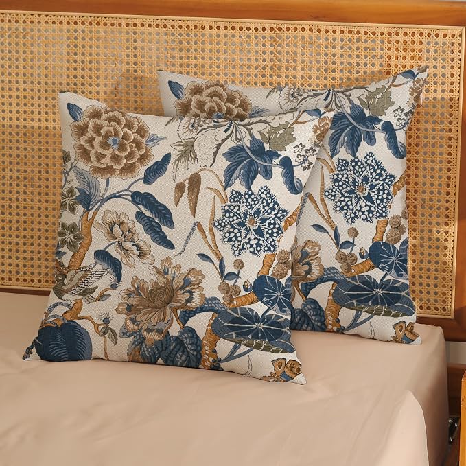 Grwon Navy Blue Pillow Covers 18x18 Inch Set of 2 Vintage Blue Floral Throw Pillows Chinoiserie Flower Decorative Pillow Case Outdoor Linen Farmhouse Cushion Cover for Couch Sofa Decorations