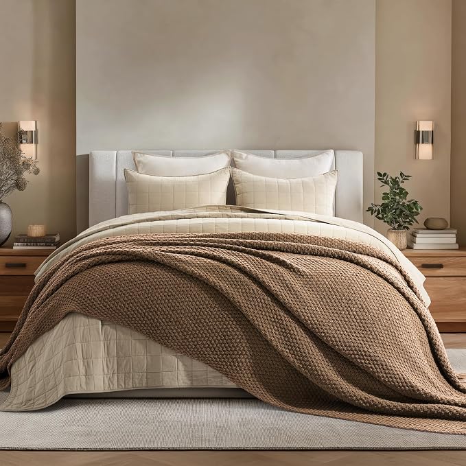 EVERGRACEHOME Chunky Chenille Knit Throw Blanket, 108x92, Camel Brown | Sculpted Moss Stitch, Chic Modern Farmhouse, All-Season Warmth, OEKO-TEX® Certified, Oversized King for Couch, Bed, Sofa