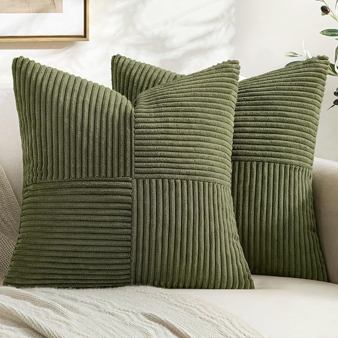 MIULEE Olive Green Decorative Euro Sham Pillow Covers 24x24 Inch for Bed Couch Sofa Spring Decor Pack of 2 Boho Farmhouse Throw Pillows Soft Cross Corduroy Patchwork Textured Cushion Cases