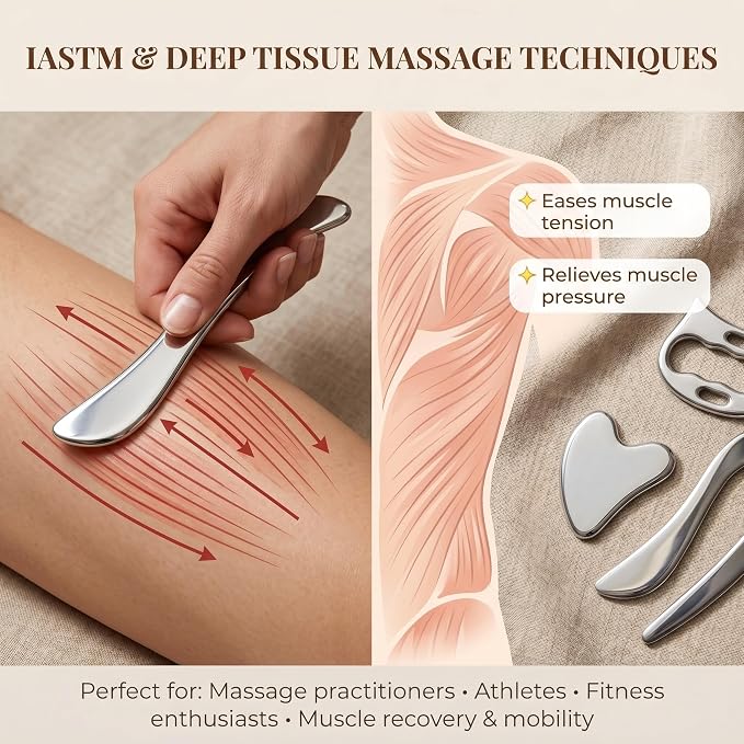 4 in 1 Muscle Scraper Tool Set, IASTM Massage Tools with Storage Case, Gua Sha Scraping Tool for Myofascial Release, Muscle Recovery, Body Massage (4PC Stainless Steel)