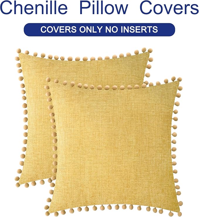 CaliTime Decorative Couch Throw Pillow Covers 18 X 18 Inches Gold | Pack of 2, Cozy Chenille Cushion Cases, with Pom Poms for Sofa Bed Living Room Farmhouse Home