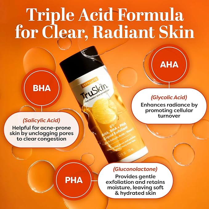 TruSkin BHA Liquid Exfoliant & Toner – PHA AHA BHA Gentle Exfoliator with Salicylic & Glycolic Acid, Vitamin C – Improve Appearance of Tone & Texture, Unclog & Minimize Look of Pores, 4.2 fl oz