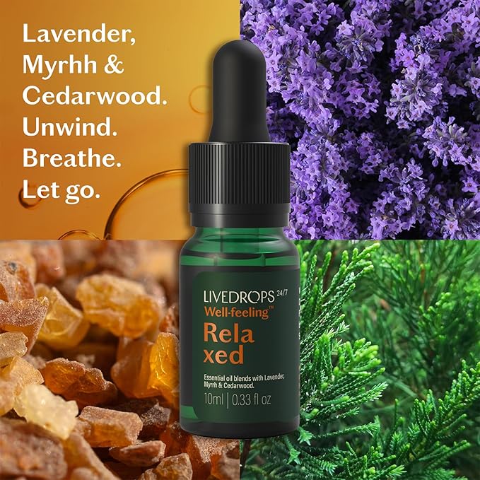 LIVEDROPS 24/7 Relaxed Essential Oil Blend - Lavender, Myrrh & Cedarwood - Calming Scent - Pure & Natural Aromatherapy - Skin Safe & Diffuser Compatible - Crafted in France by Perfumers