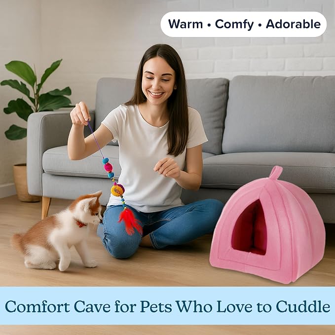 PETMAKER Cat House Indoor Bed with Removable Foam Cushion, Pink | Plush Cat Tent Bed for Small Kittens, Rabbits, Guinea Pigs, and Other Small Animals, Comfortable Cozy Pet Hideaway