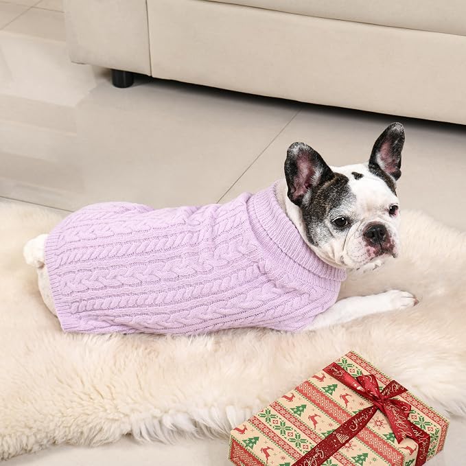 Dog Sweater 2 Pack for Medium Dogs, Size M, Pink & Purple | Stretchy cable knit turtleneck, machine washable, high belly cut, comfy winter fit for French Bulldog, Pug
