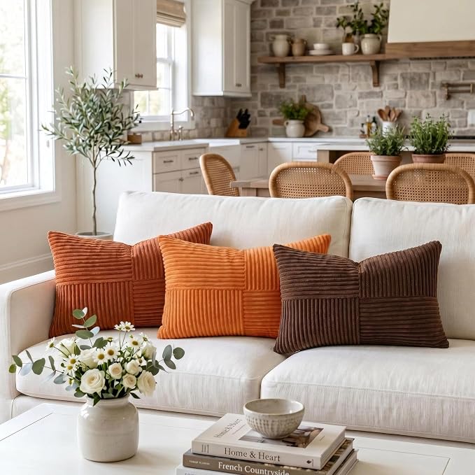 Fancy Homi 2 Packs Orange Lumbar Decorative Throw Pillow Covers 14x22 Inch for Living Room Couch Bed Sofa, Farmhouse Boho Home Decor, Soft Striped Corduroy Rectangle Accent Cushion Case 35x55 cm
