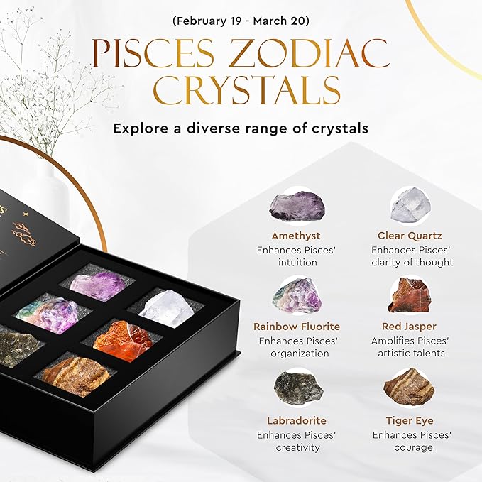 Wyspell Pisces Crystal Set - 6 Raw Pisces Crystals and Healing Stones - Pisces Gifts for Women - Birthday Gifts for Women - Astrology Gifts for Women - Zodiac Crystal Set - Healing Gifts