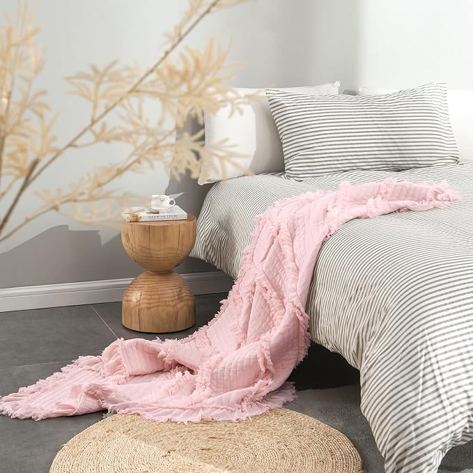 Ultra Soft Pre-Washed Quilted Boho Pink King Size Blankets for Bed, Ruffle Fringed Decorative Throw, Stone Washed Chic Rustic Blanket for Sofa Couch Bed, 104"*90"