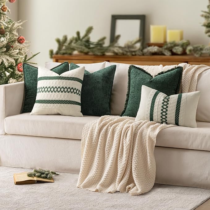 MIULEE Decorative Couch Throw Pillow Covers 20x20 Inch Dark Green 2 Pack | Farmhouse Pillow Covers with Stitched Edge, Soft Chenille Cushion Cases, for Sofa Bed Living Room Home Decor