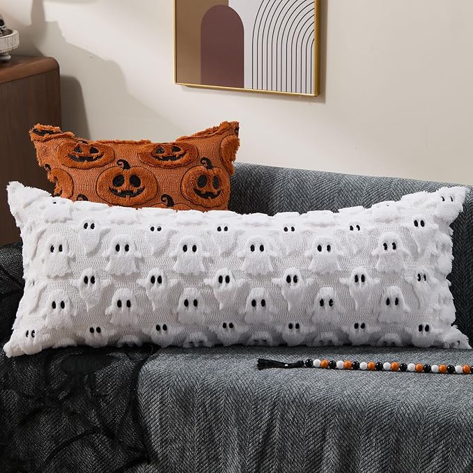 DFXSZ Halloween Pillow Covers 14x36 inch 2Pcs White Ghost Halloween Decor | Halloween Decorations Set of 2 Throw Pillow Cases Plush Faux Fur Wool Cushion for Chair Sofa Bedroom Living Room Home Decor