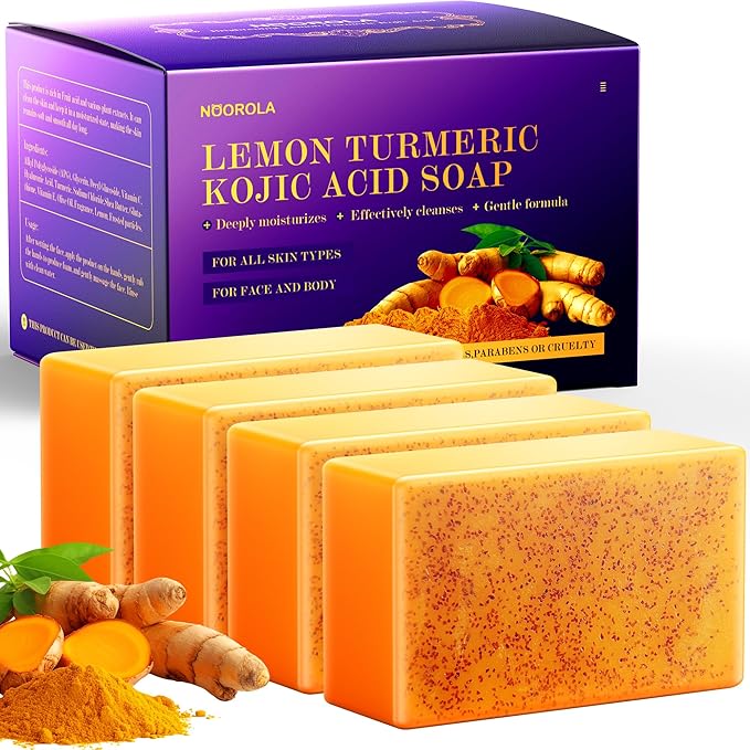 Lemon Turmeric Kojic Acid Soap, 4 Pcs Turmeric Soap Bar Infused with Hyaluronic Acid, Vitamin C，E, Shea Butter for Face & Body Deeply Clean, 3 Foam Nets