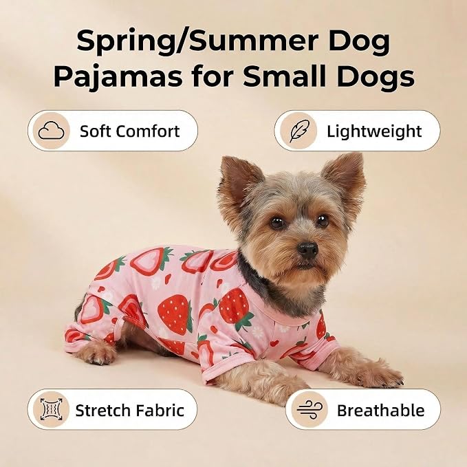 Dog Pajamas Spring Summer Dog Clothes for Small Medium Dogs Strawberry Print Girl Boy Cute Soft Puppy Pjs Clothes Doggie Onesies Cat Pet Jammies Outfit(Strawberry,S)