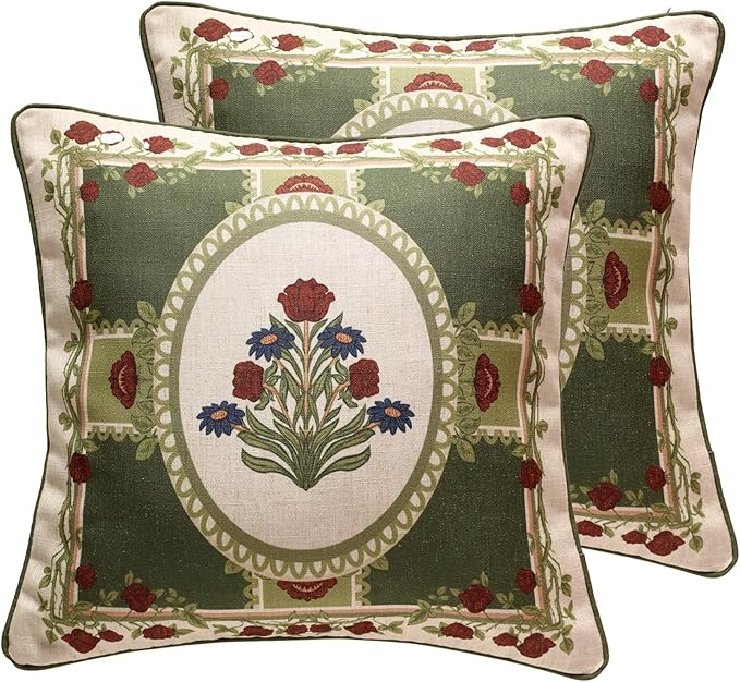 Elegant French Linen Throw Pillow Cover,Set of 2,18"x18"-Estonia B | Designer Vintage Square Pillow Cover,Concealed Zipper Design,Floral Pattern,Sofas,Bedroom,Living Room,Lounge Chairs