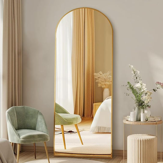 DUMOS 56"x15" Arched Full Length Mirror with Stand, Full Body Floor Mirror | Free Standing or Wall Mount, Nano Glass Aluminum Frame, Hanging or Leaning, Modern Simple Home Decor, Gold
