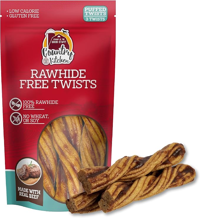Country Kitchen Rawhide Free Beef Twists Dog Chews, 3 Count | Made with Real Beef, Highly Digestible, Gluten Free