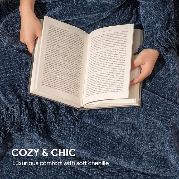 RECYCO Chenille Throw Blanket for Couch, 60"x80", Blue | Super Soft Knit Throw Blanket with Fringe Tassels, Lightweight Knitted Throw, Cozy, Ideal for Sofa Chair Bed Living Room Gift