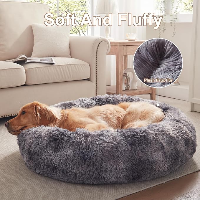 36 in Faux Fur Fluffy Donut Dog Bed for Large Dogs,Tie-dye Grey | Calming Plush Round Pet Bed with Removable & Washable Cover,Fits up to 80 lbs Pets
