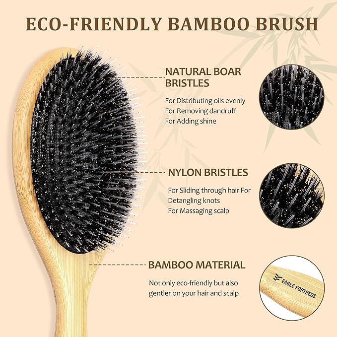 Eagle Fortress Boar Bristle Hair Brush for Women, Detangler Brush for Wet, Dry & Damaged Hair with Long Pins for Thick & Long Hair - Bamboo
