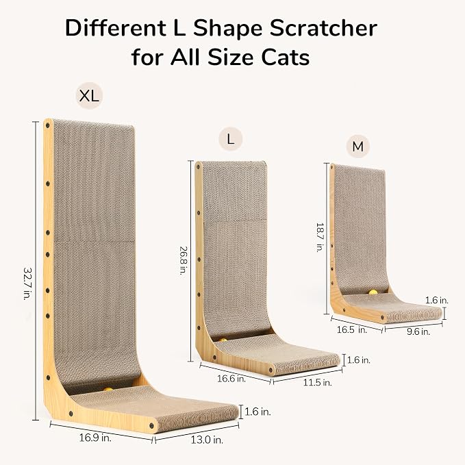 FUKUMARU Cat Scratcher for Indoor Cats, 32.7 Inch L Shaped Cat Scratch Pad | Extra Large Cardboard Cat Scratcher for Wall Sofa, Vertical Cat Scratching Board with Ball Cat Toy, Tall Cat Scratching Post