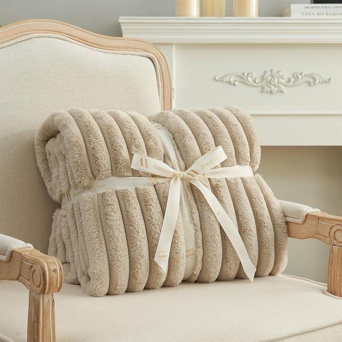 Faux Fur Throw Blanket for Couch, Cozy Fuzzy Fluffy Fur Luxurious Soft Striped Plush Gift Blankets for Family Sofa Chair Bedroom, 55"x70", Beige