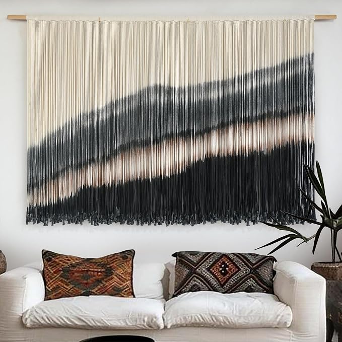 Jakalin Macrame Wall Hanging Black Dip Dye Fiber Tapestry Handmade 57"x35" | Fiber Yarn Wall Art,Craftsmanship,Hand-dip Dyed, Boho Style to Bedrooms, Living Rooms, Nursery ,Couch,or Entryways.