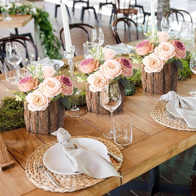 6 Pcs Wooden Vase for Centerpieces Wedding Flower Table Centerpieces Woodland Party Decor Rustic Farmhouse Bark Stump Buckets Vintage Planter Pots for Garden Baby Shower Window Home (Large)