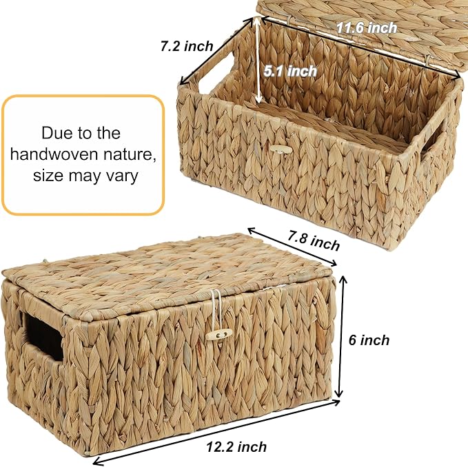 ORDELITE Water Hyacinth Wicker Storage Basket with Lid, Medium | Built-In Handles, Shelf Organizer Bin, Rectangular Woven Box, Multipurpose Home Storage, Natural Decor