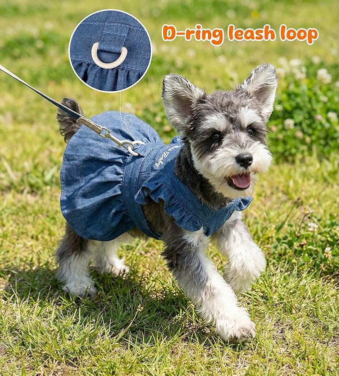 Denim Cat Dog Dress Clothes for Small Dogs with Leash Ring Summer Girl Small Dog Clothes Outfit Belly Velcro Fastening Cat Outfits&Apparel for Girl