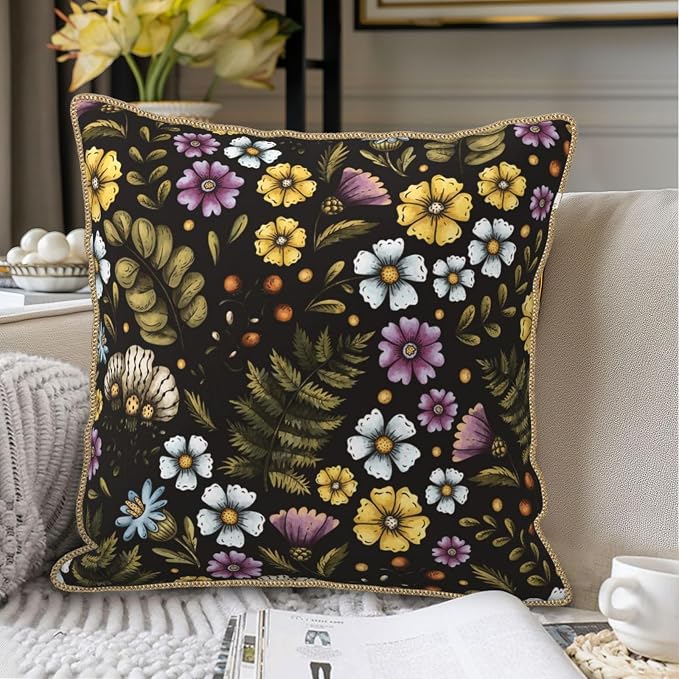 Blue Yellow Purple Floral Soft Velvet Throw Pillow Covers Set of 2 Plant Botanical Flowers Decorative Pillow Covers 18x18 In Vintage Black Pillow Case For Sofa Couch Living Room Farmhouse Home Decor