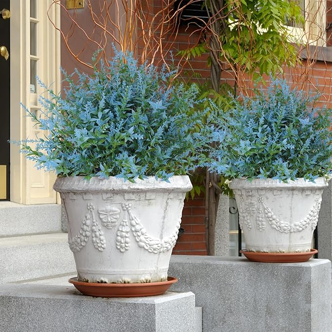 RECUTMS Spring Decoration,Artificial Blue Greenery,Outdoor Fake Flower 36Pc | Fake Shubs stems Outdoor Plants Faux Greenery for Indoor Outside Hanging Plants Garden Porch Window Box Home Farmhouse Décor