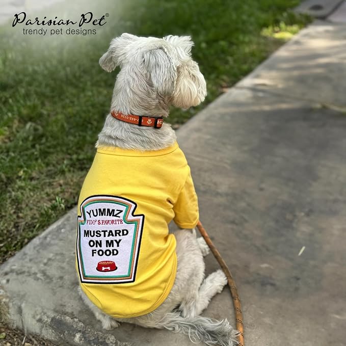 Parisian Pet Dog Costume - 100% Cotton Yellow Dog Clothes for Large Dogs - Lightweight Puppy Outfits - Funny French Bulldog Clothes - Sleeved Mustard Shirt for Dogs - Stretchy Pet Costume