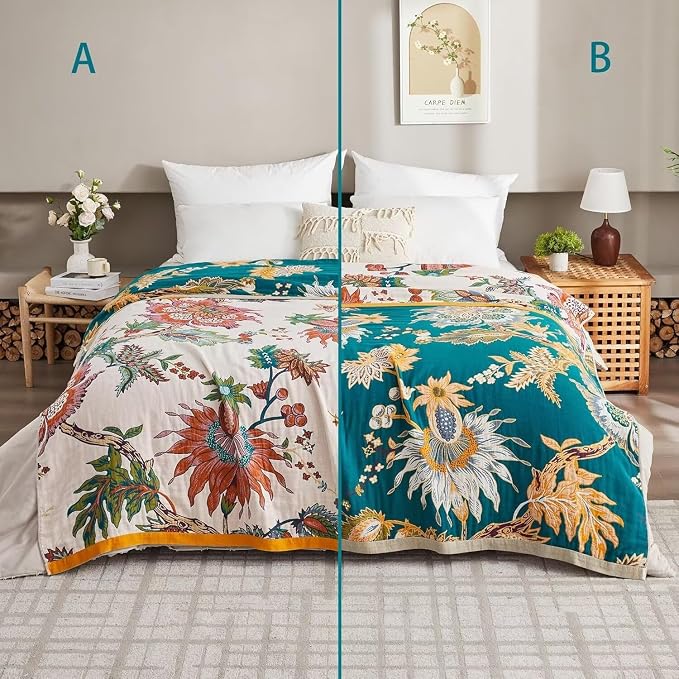 Boho Throw Blanket for Bed 100% Cotton Bohemian Blankets Ultra Soft Woven Muslin Decorative Blankets All Seasons Vintage Quilt Knitted Blanket for Sofa Chair(Beige, 50"x60")