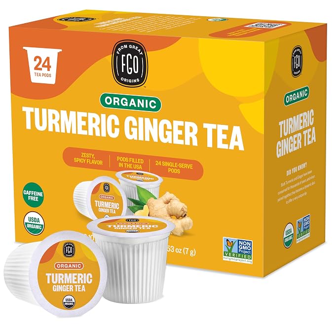 Organic Turmeric Ginger Tea K-Cup Pods, 24 Pods by FGO - Compatible with Keurig - Naturally Caffeine-Free Herbal Tea, Premium Green Tea is USDA Organic, Non-GMO, & Recyclable