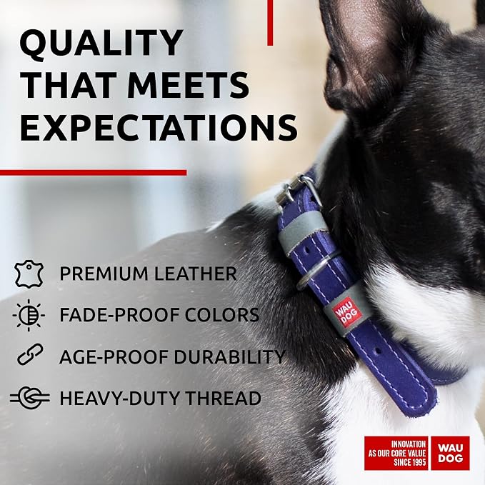WAUDOG Long Lasting Leather Dog Collar for Large Dogs, Medium & Small Dogs - Adjustable Classic Puppy Collars for Large Breed Dogs - Boy & Girl Dog Collars with Durable Buckle, D-Ring & QR Dog Tag