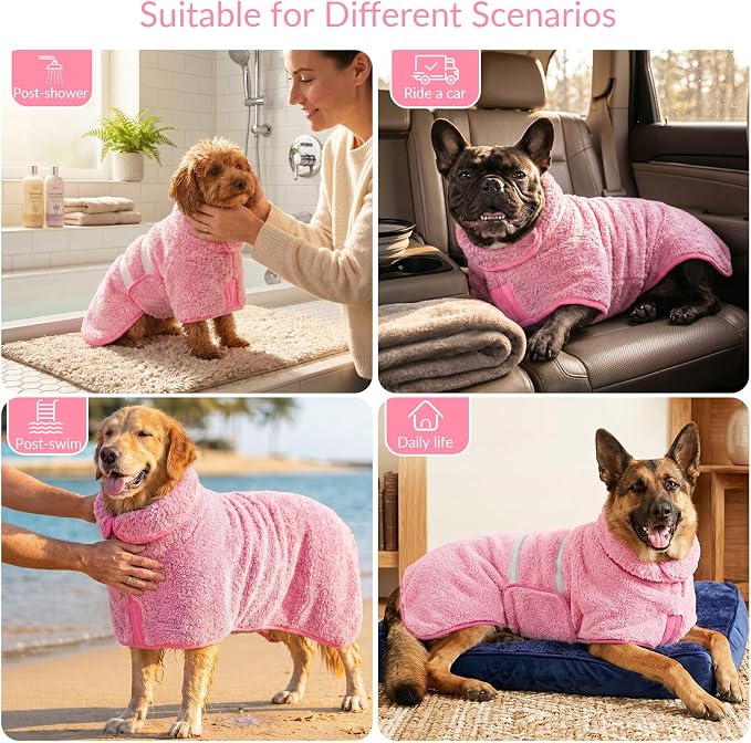 Bienbee Dog Bathrobe, Super Absorbent for Small to Large Dogs, Pink XL | Dog Robes with Soft Fleece, Warm & Cozy, Adjustable Fit, and Quick Drying Coat for Baths Swimming and Grooming