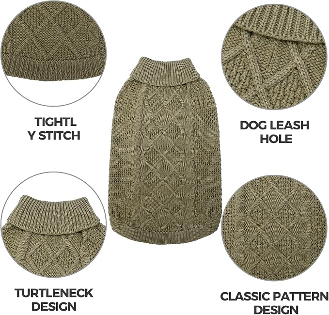 Mihachi Turtleneck Dog Sweater - Winter Coat Apparel Classic Cable Knit Clothes with Leash Hole for Cold Weather, Ideal Gift for Pet in New Year Army Green New L