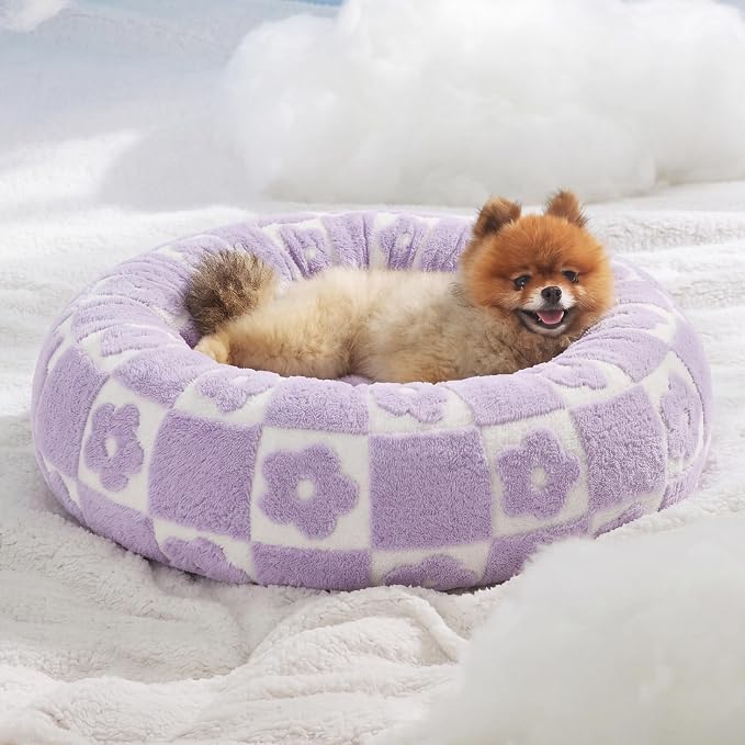 LE SURE Shown on TV Jacquard Donut Small Dog Beds,Flower Checks 23x23x7in | Orthopedic Calming Cat Sofa Indoor,Cute Original Design Pattern,Washable Cover,Home Decor Suit as Gift ,Anti Slip Bottom