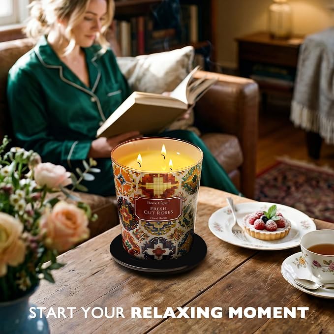 HomeLights 3-Wick Candles for Home Scented - 34oz Soy Wax Blend Candle Long-Lasting Fragrance, Bohemian Natural Textures Home Decor and Housewarming Gifts, Fresh Cut Roses