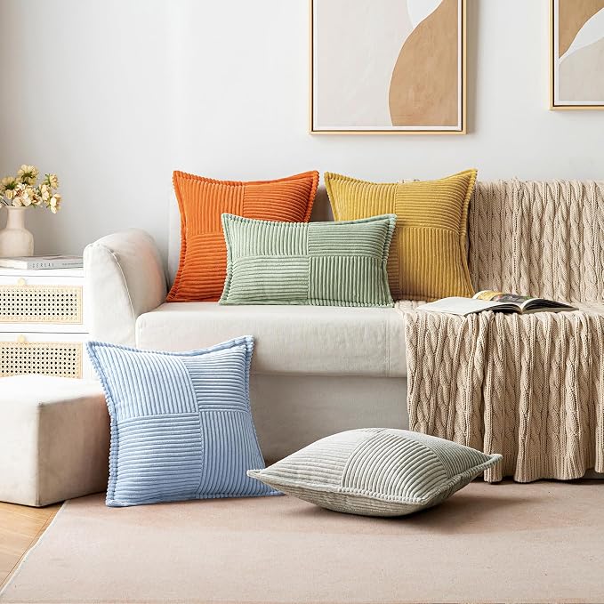 MIULEE Decorative Throw Pillow Covers for Couch 20x20 Inch Light Blue | 2 Pack, Boho Broadside Striped Patchwork Pillow Covers, Soft Corduroy Cushion Cases, For Sofa Bed Livingroom Home Decor
