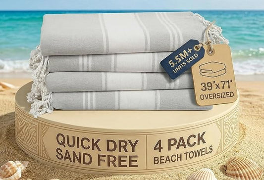 LANE LINEN Oversized Beach Towels 4 Pack – Pre-Washed, Extra Large, Quick Dry, No Sand, Absorbent Pool Towels for Adults, 39"x71", Grey