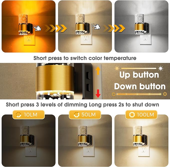 L LOHAS LED Night Lights Plug into Wall, Dusk-to-Dawn Sensor Night Light | Soft White/Cool White/Amber 3 Light Color, Adjustable Brightness, Rotatable plug, Bubble Nightlight for Hallway