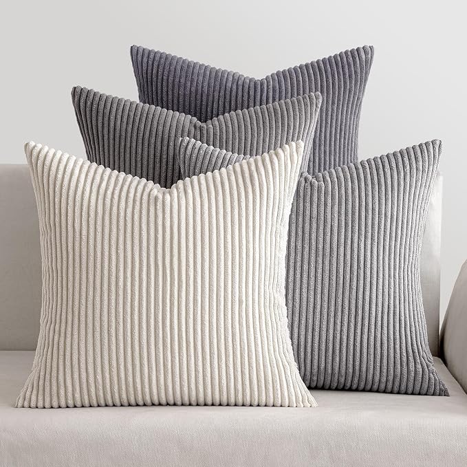 MIULEE Soft Corduroy Decorative Throw Pillow Covers Neutral Grey 18x18 | Set of 4, Mordern Minimalist Decor, Layered Gray Collection, Boho Farmhouse Cushion Covers for Couch Bed Sofa Living Room