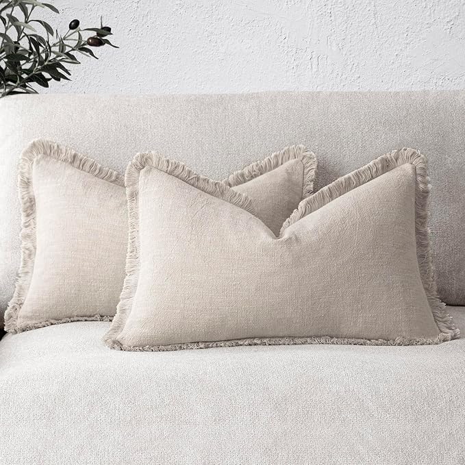 Foindtower Lumbar Decorative Linen Fringe Throw Pillow Covers 12×20 Beige | Set of 2 Cozy Accent Modern Pillowcase, Boho Farmhouse Soft Cushion Cover with Tassels, Home Decor for Sofa Couch Living Room